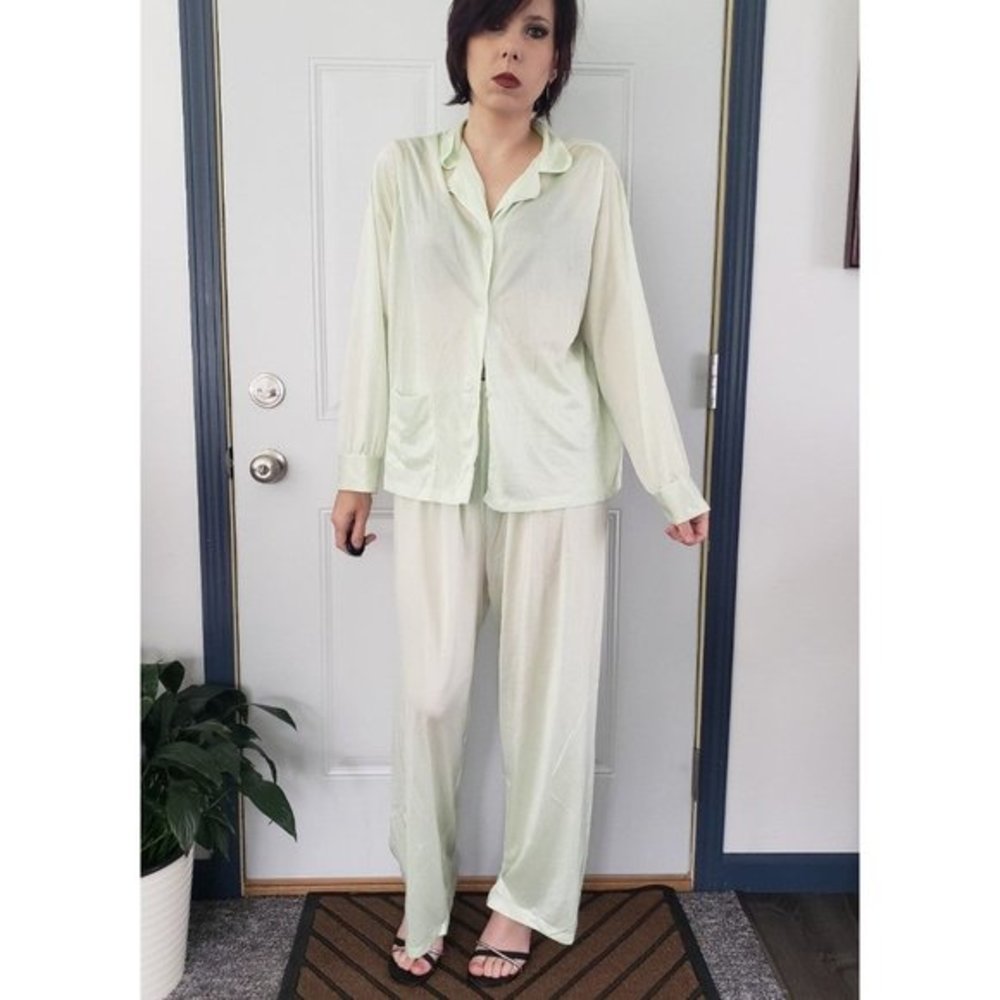 80s Green Satin Pajama Set - Picture 1 of 4